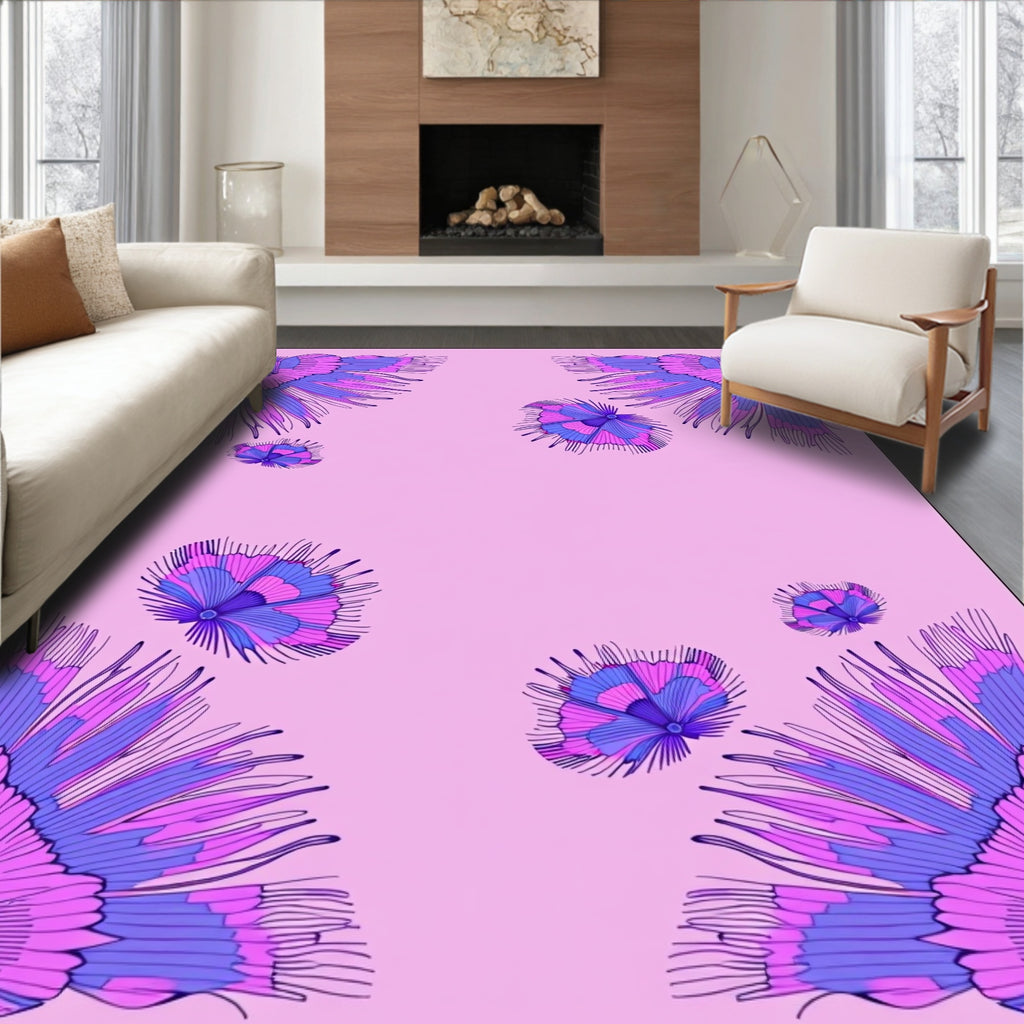 Pink Blue Feathered Floral Accents Rug