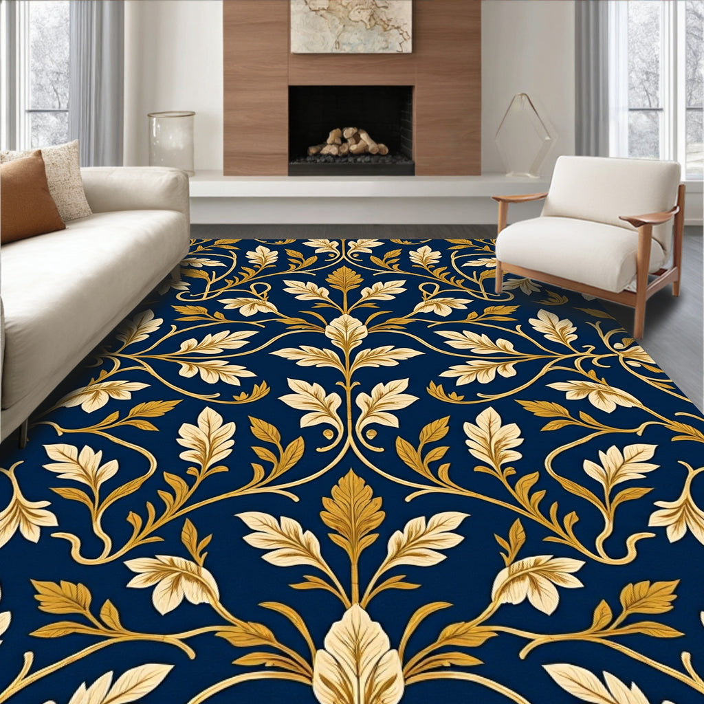 Ornate Gold Leaf Damask Pattern Rug