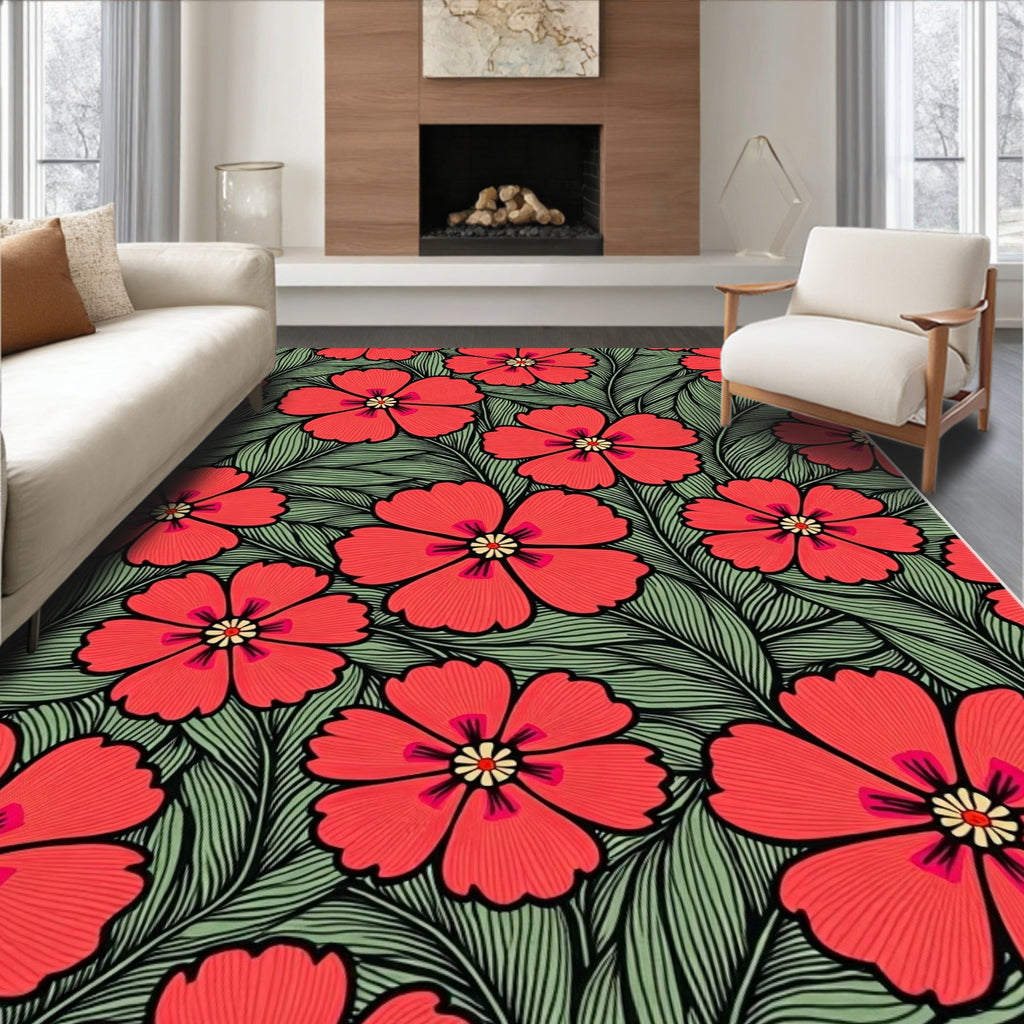 Bold Red Blossom And Green Leaf Pattern Rug