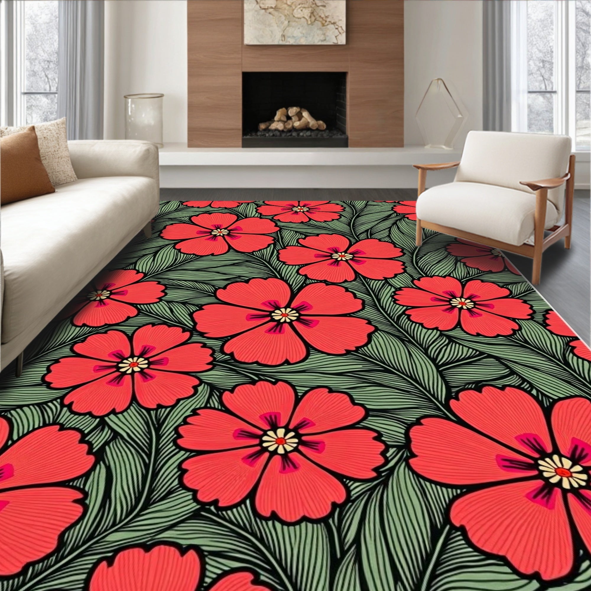 Bold Red Blossom And Green Leaf Pattern Rug