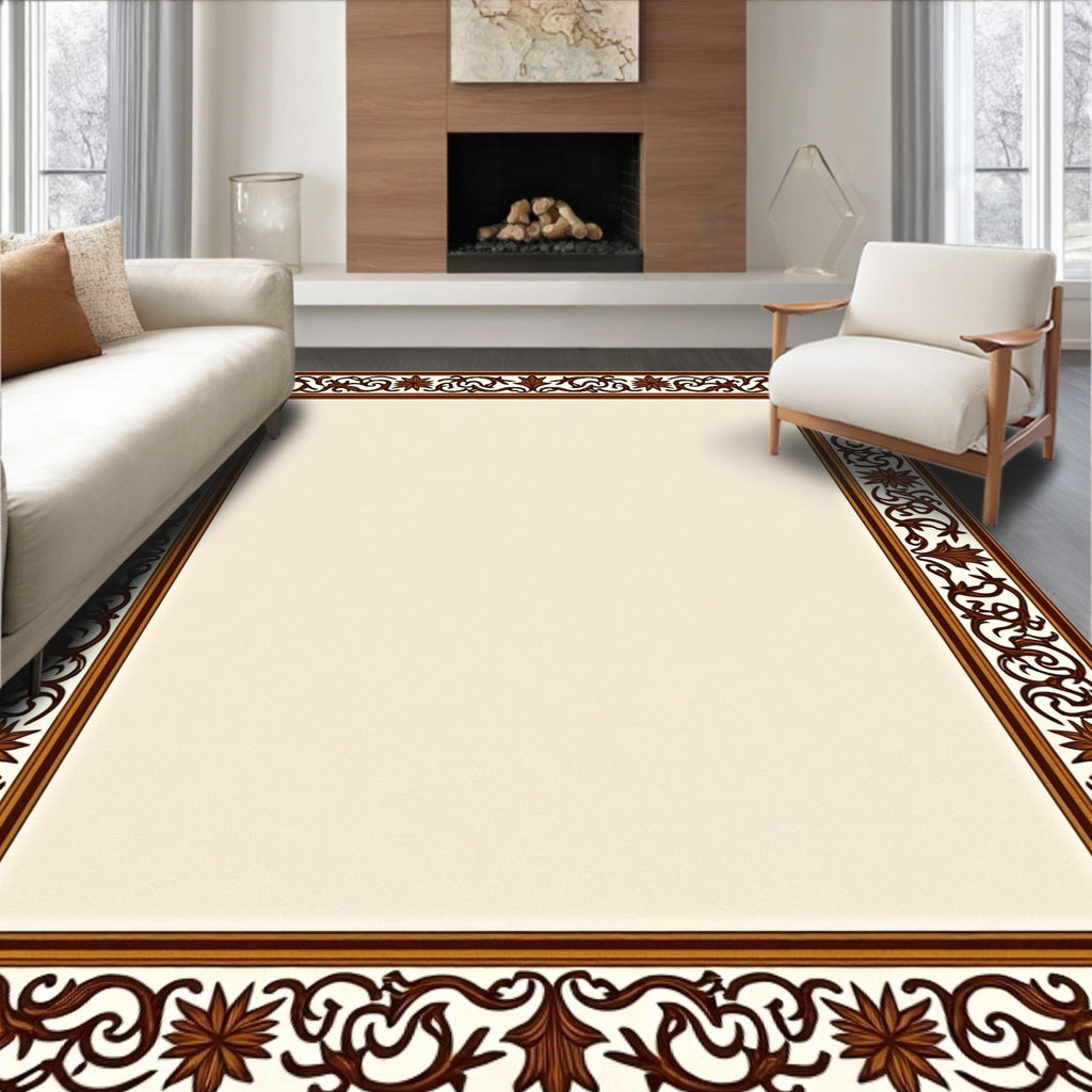 Classical Vine Floral Brown Border Rug