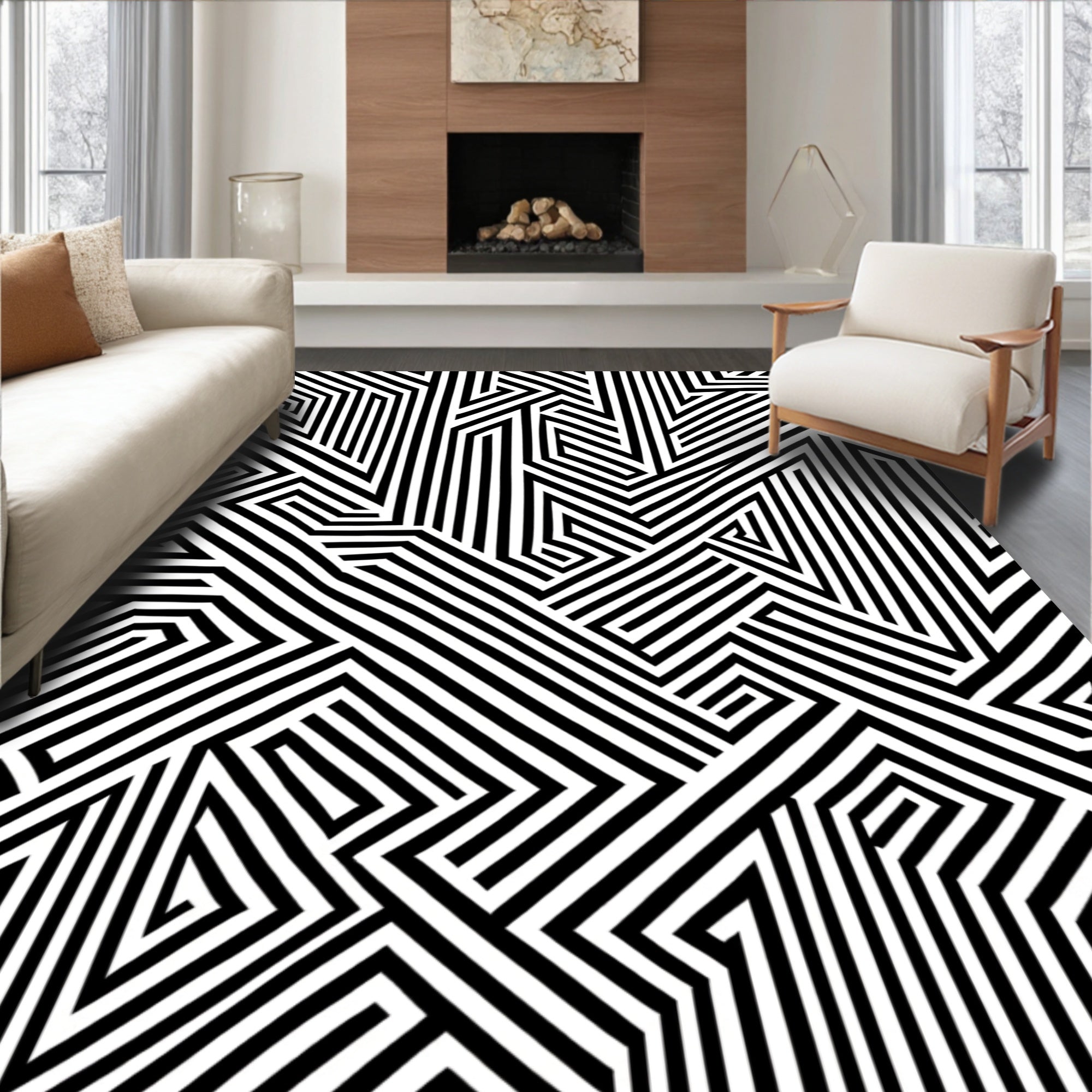 Black and White Geometric Maze Pattern Rug