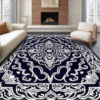 Ornate White On Navy Mandala Rug