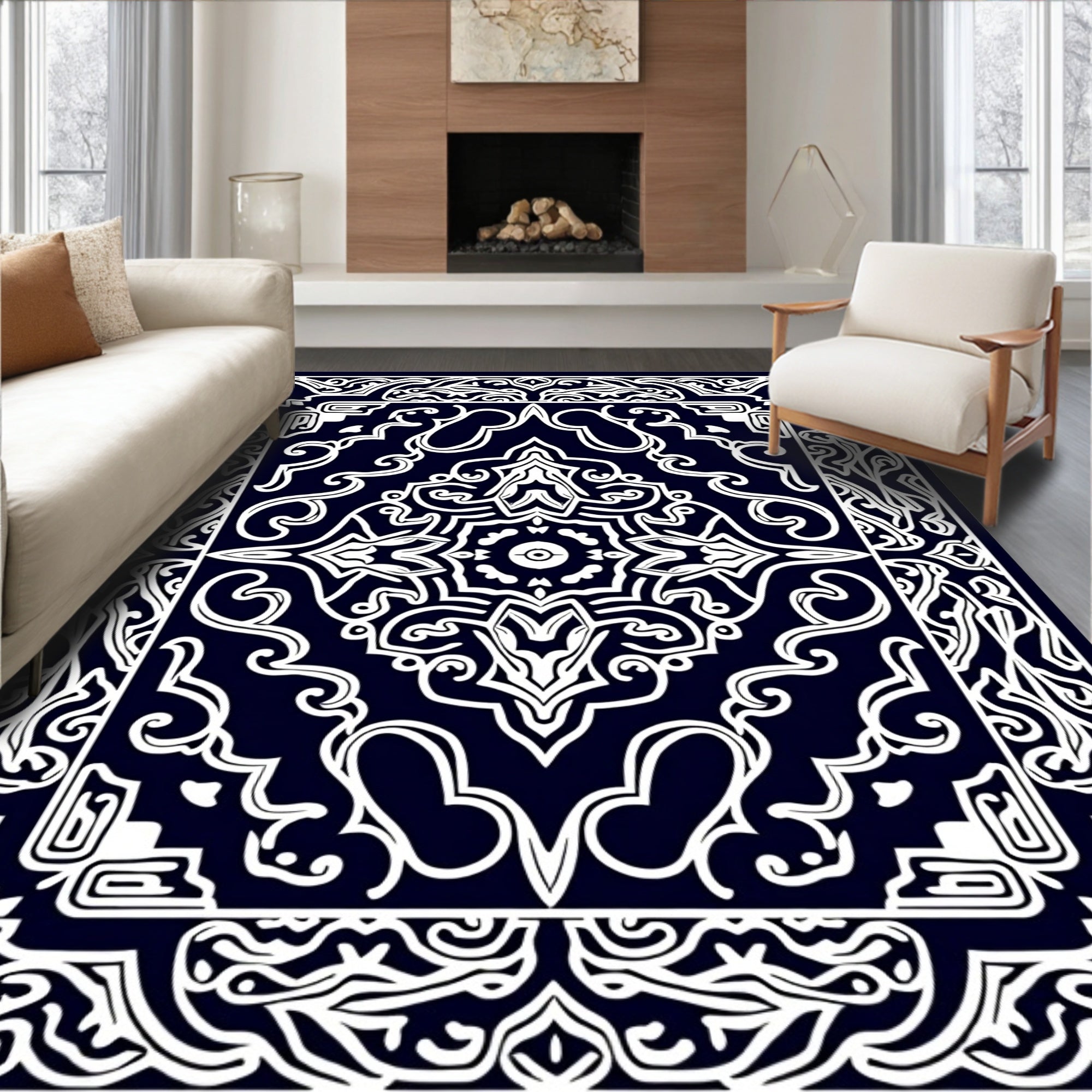 Ornate White On Navy Mandala Rug