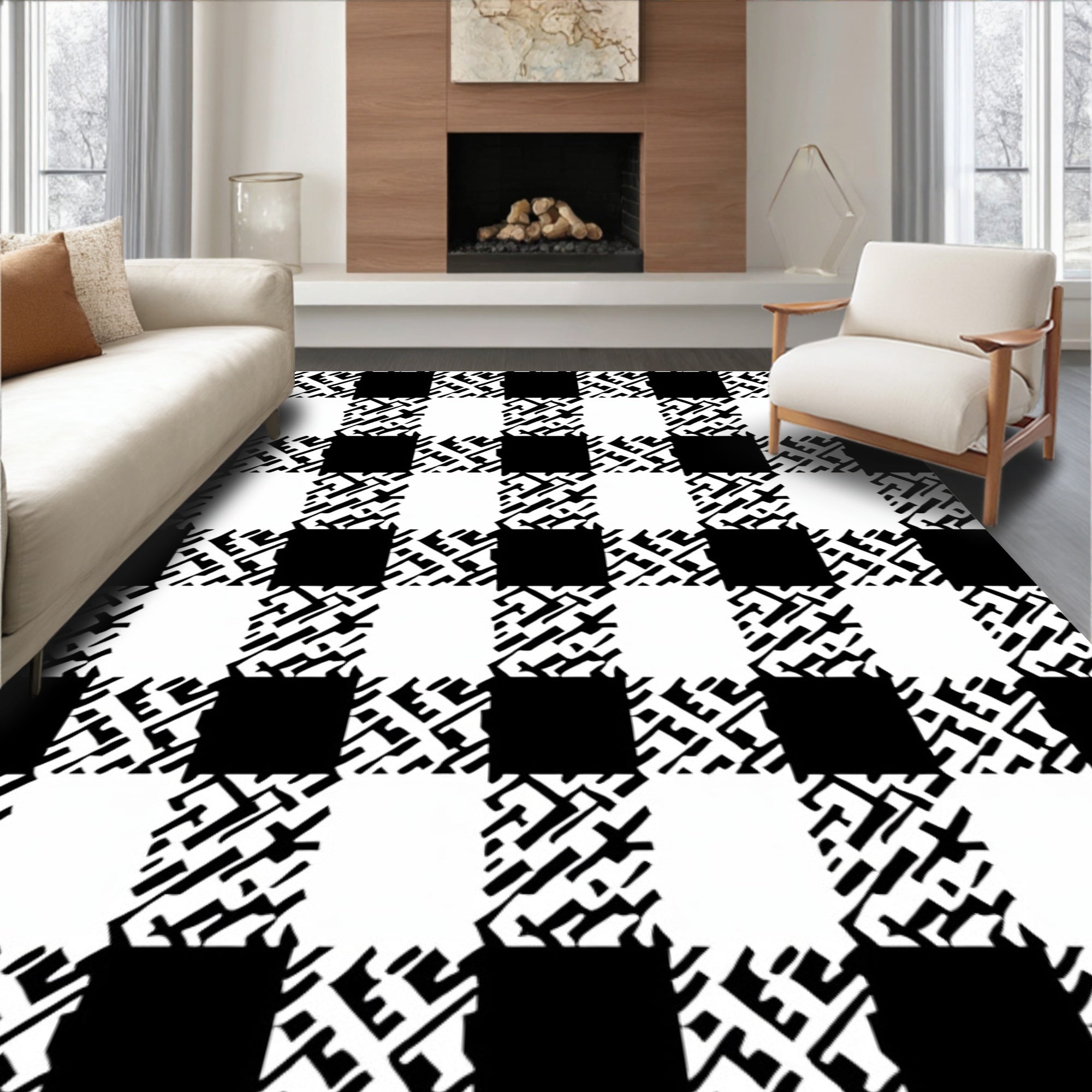 Modern Black White Plaid Pattern Rug