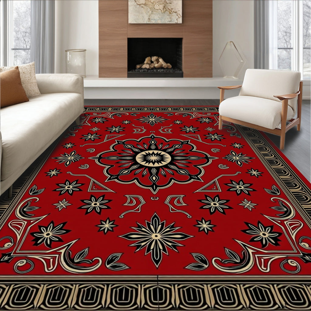 Rich Red Sunburst Floral Pattern Rug