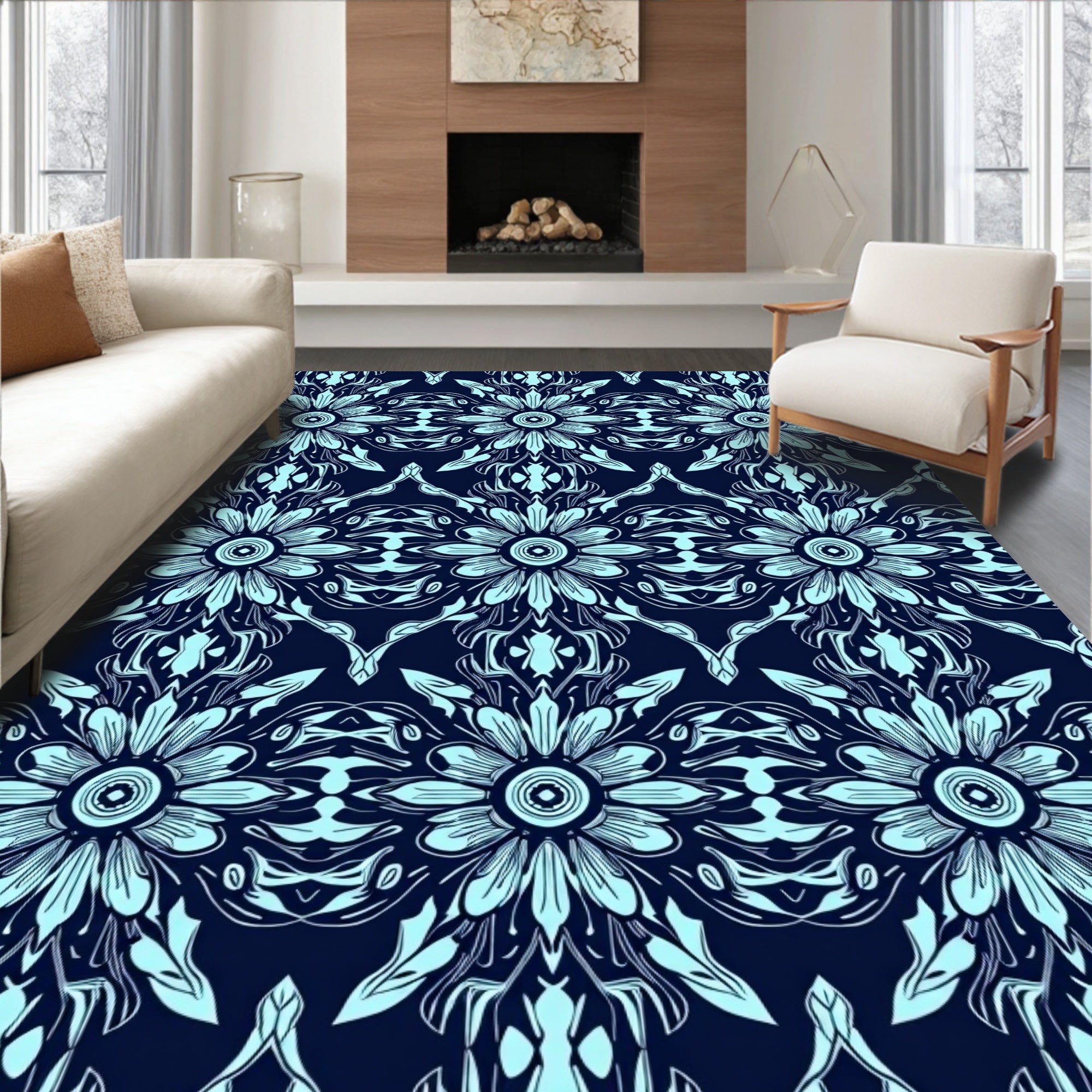 Symmetrical Floral Pattern with Blue Tones Rug