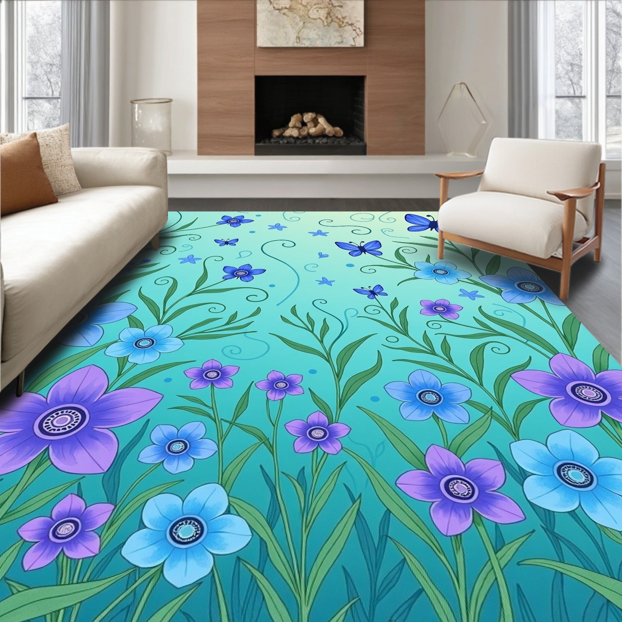 Whimsical Butterflies Flowers Garden Pattern Rug