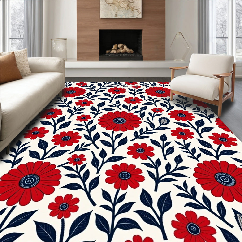 Bold Red Floral Pattern Rug