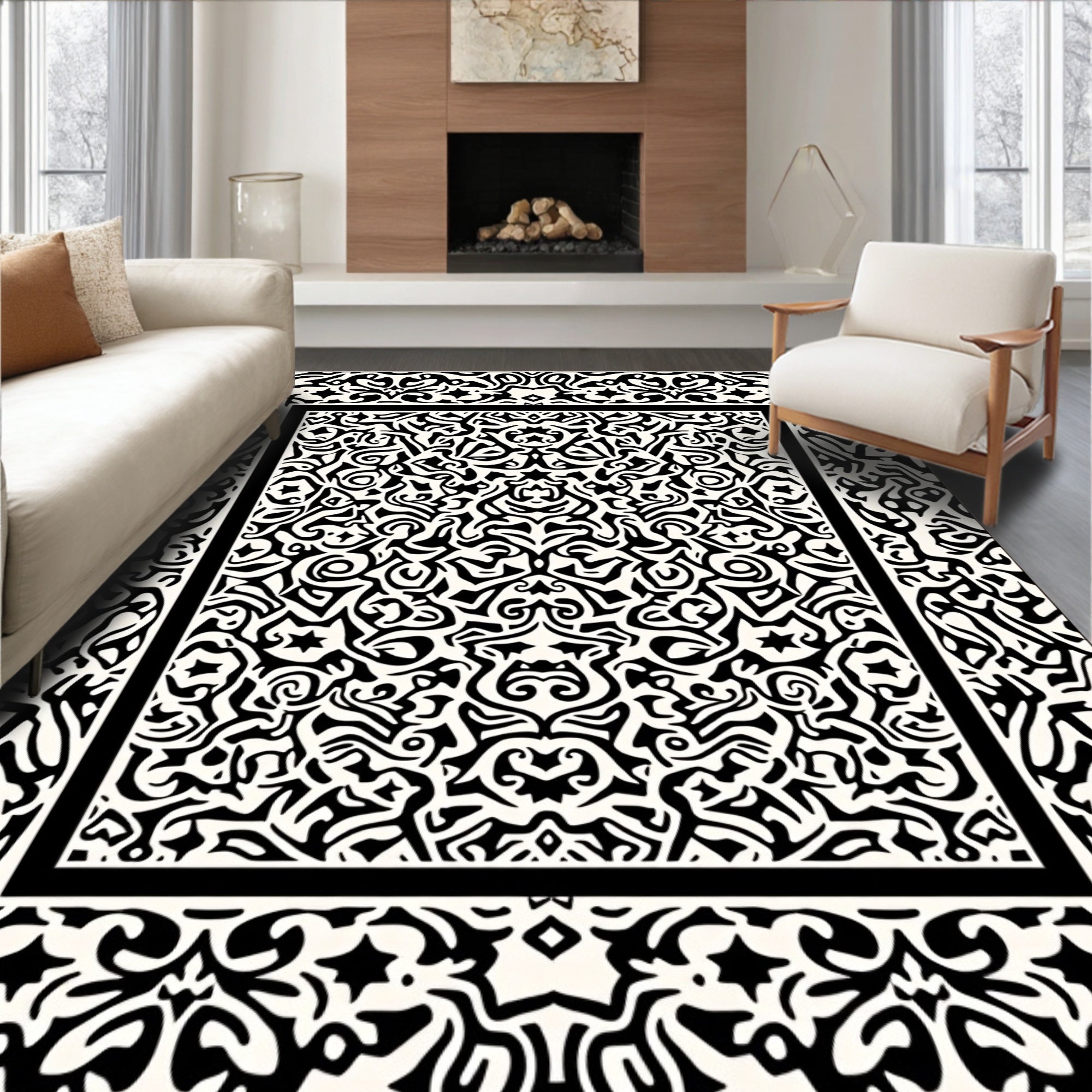 Black White Intricate Bordered Rug