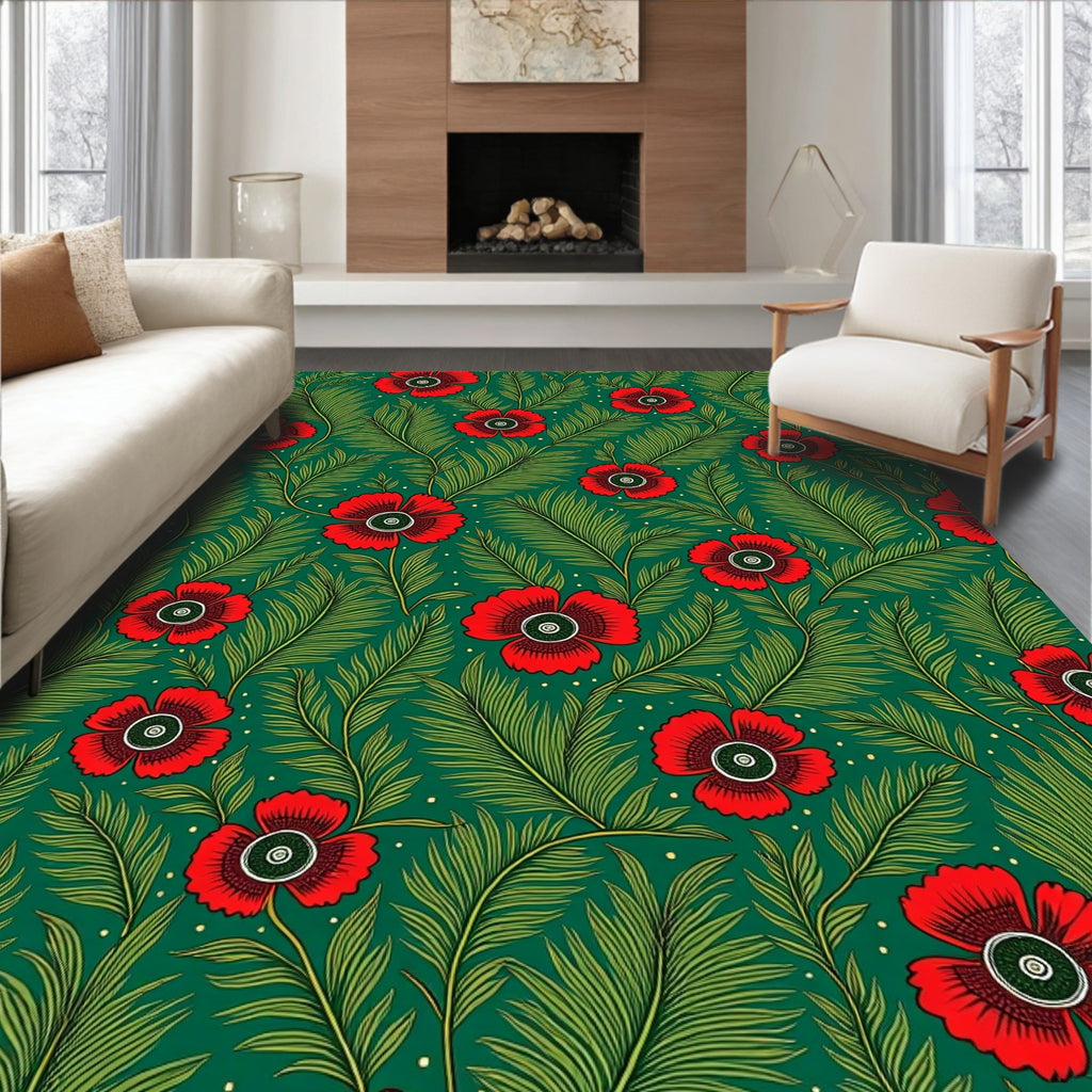 Vibrant Red Poppy Fern Pattern Rug