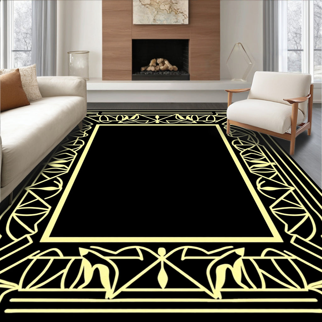 Pale Yellow Art Deco Geometric Border Rug
