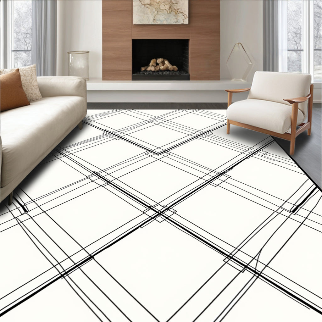 Diagrammatic Black White Intersecting Lines Rug