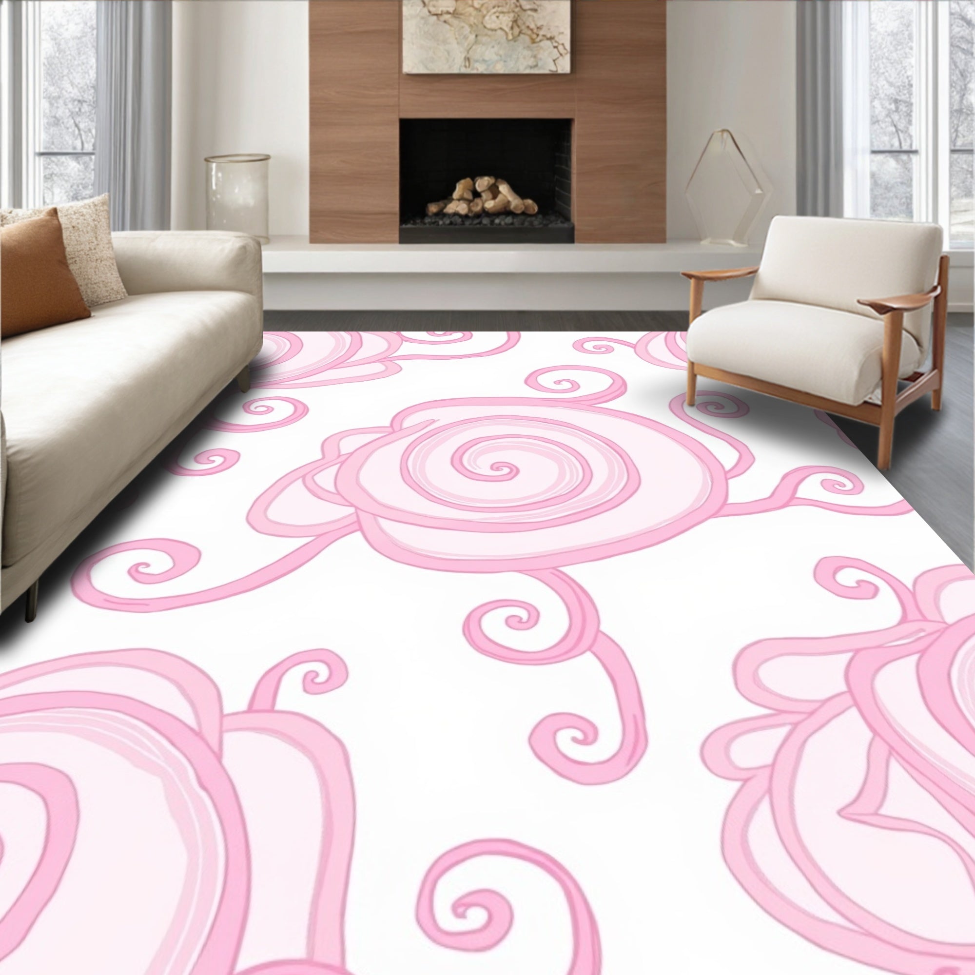 Pink Swirl Floral Abstract Art Rug