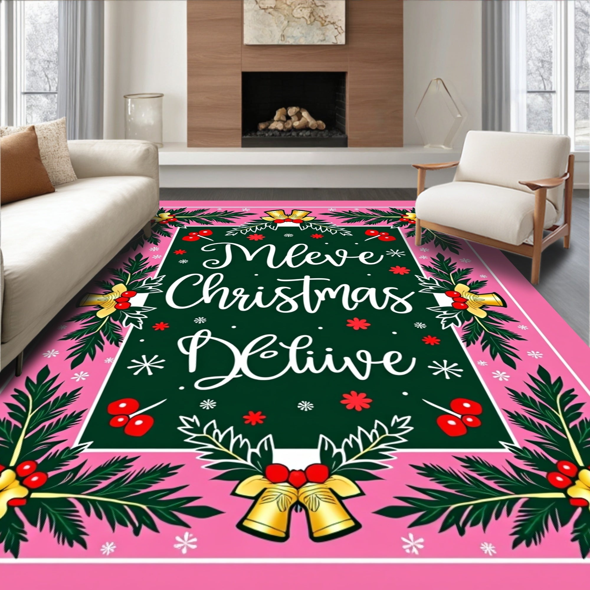 Merry Christmas Believe Holly Bells Rug