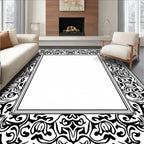 Classic Scrollwork Black White Border Rug