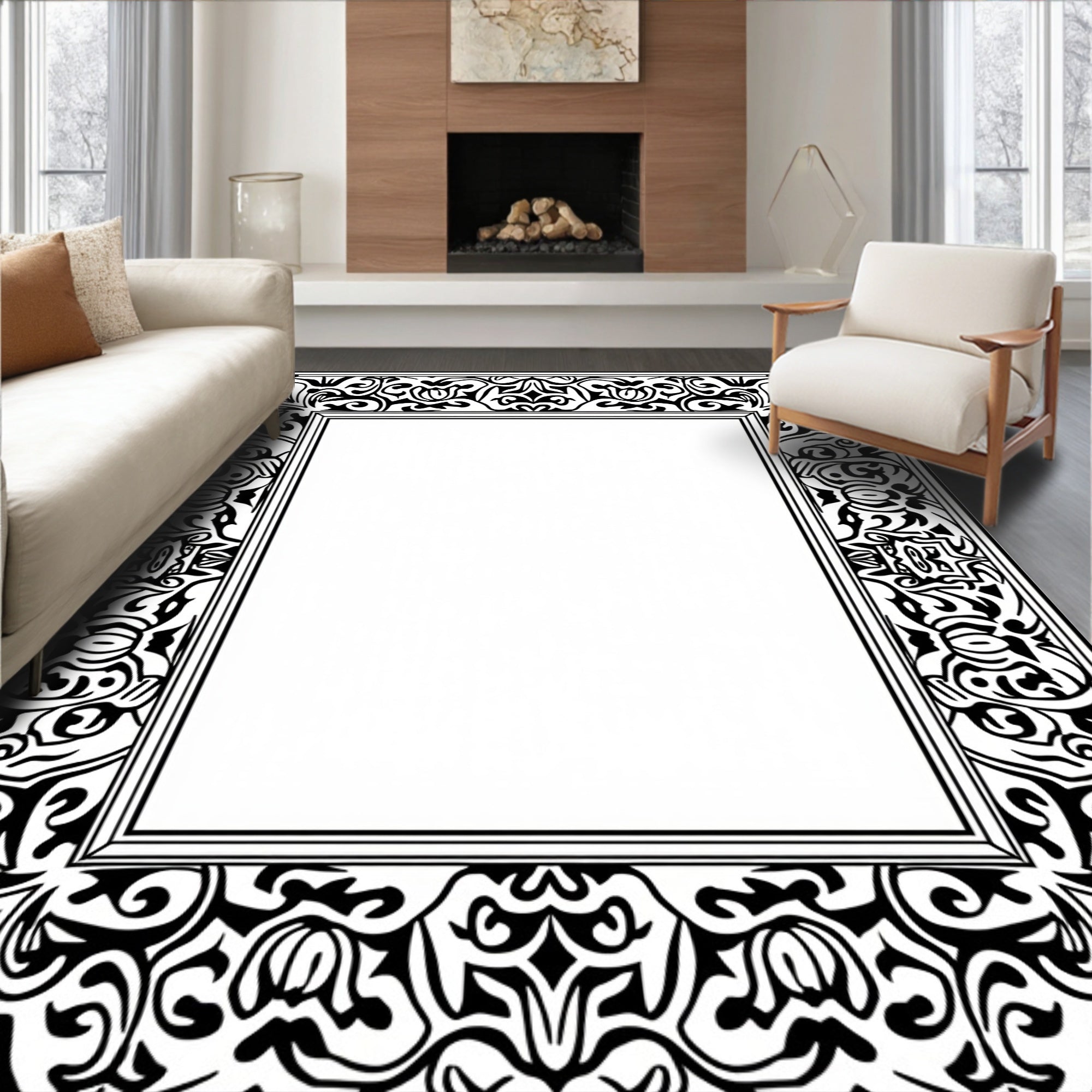 Classic Scrollwork Black White Border Rug