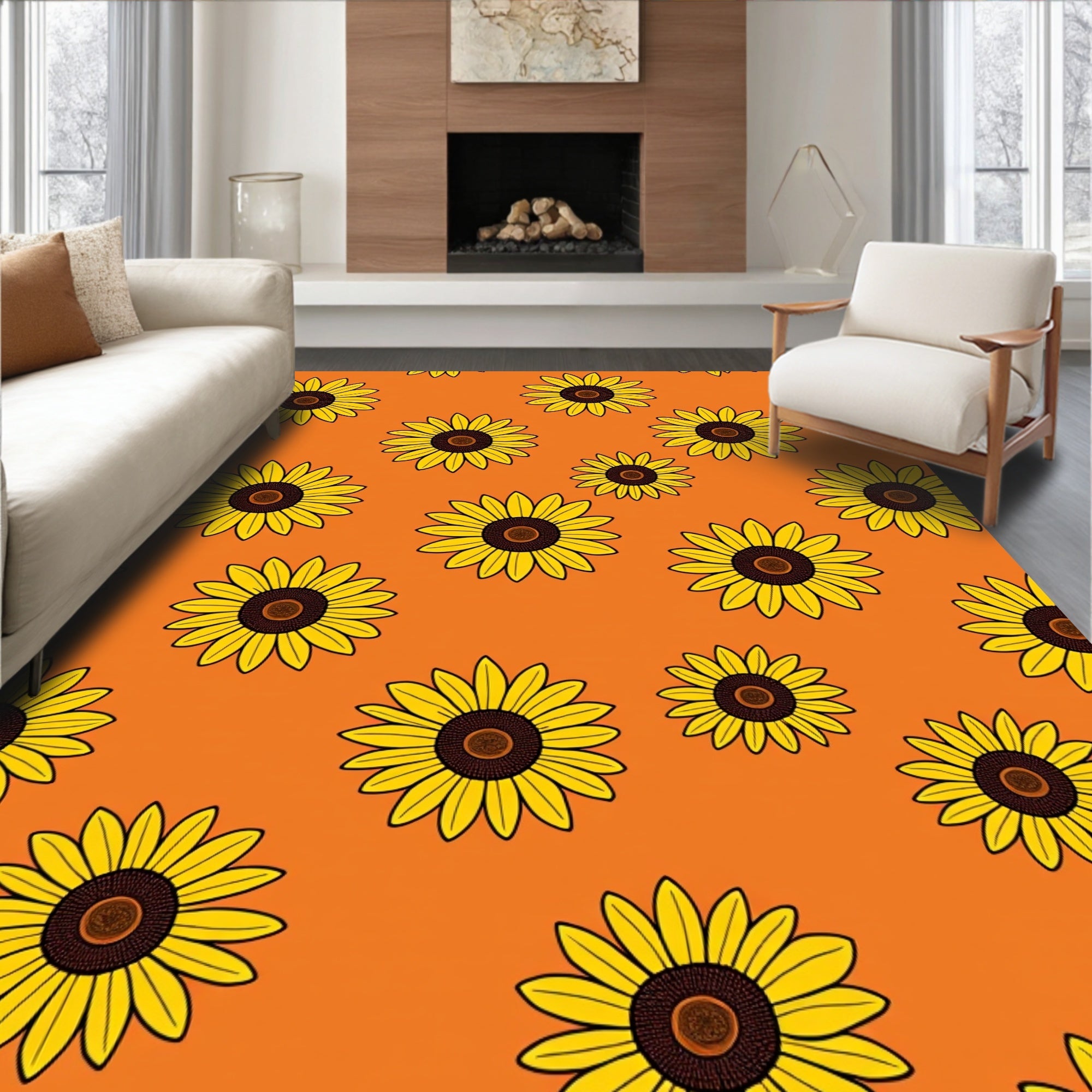 Golden Yellow Sunflowers on Orange Background Rug