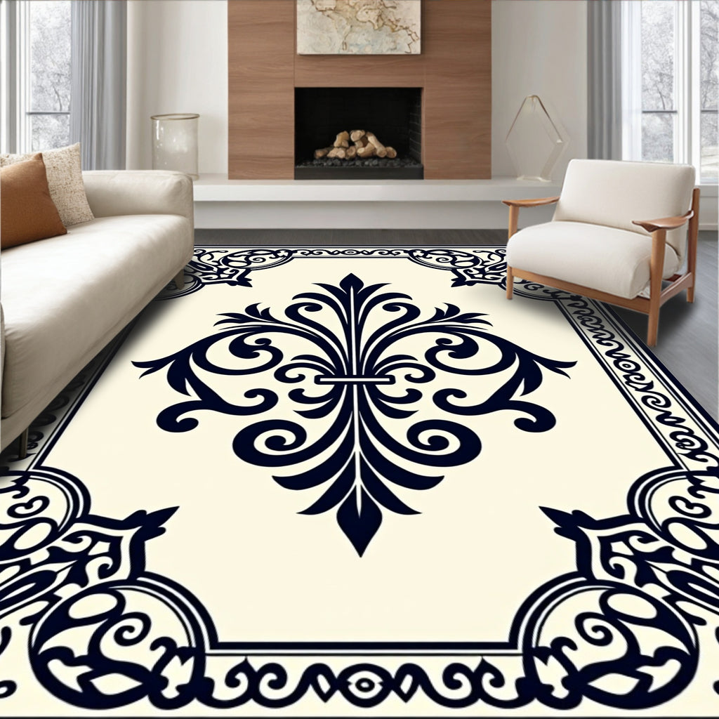 Elegant Black Cream Floral Scroll Rug