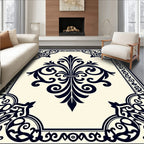 Elegant Black Cream Floral Scroll Rug