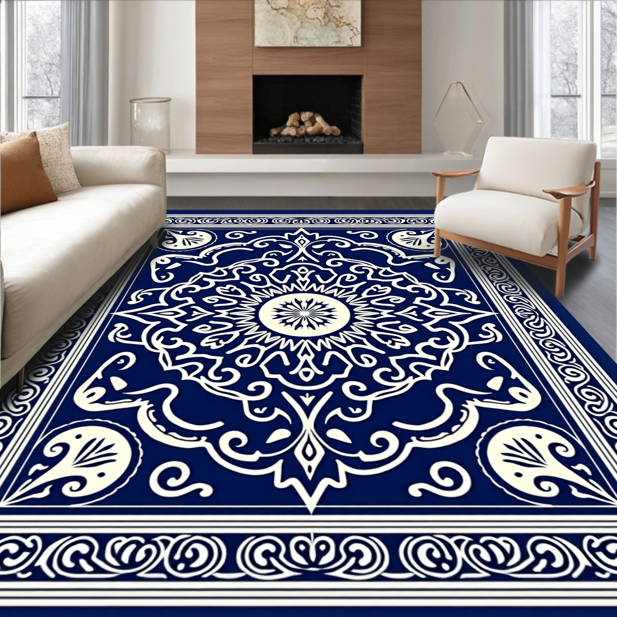 Blue Ivory Intricate Mandala Design Rug