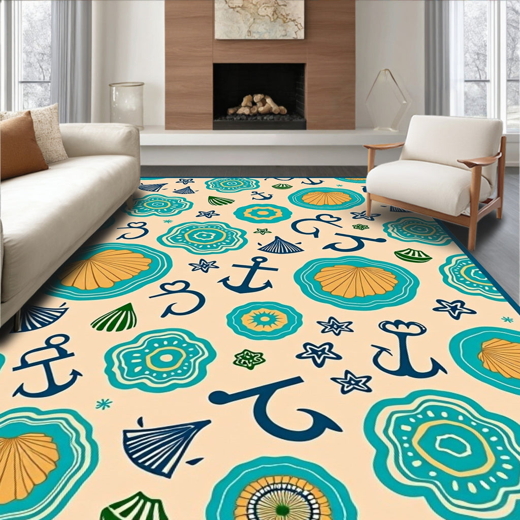 Nautical Icons In Teal And Ochre Rug