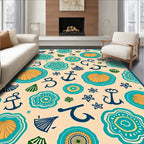 Nautical Icons In Teal And Ochre Rug