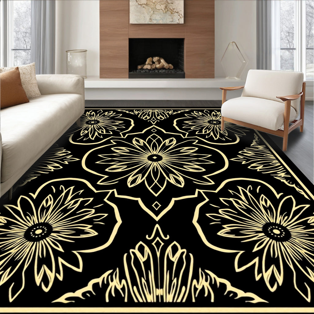 Golden Floral Symmetry Art Rug