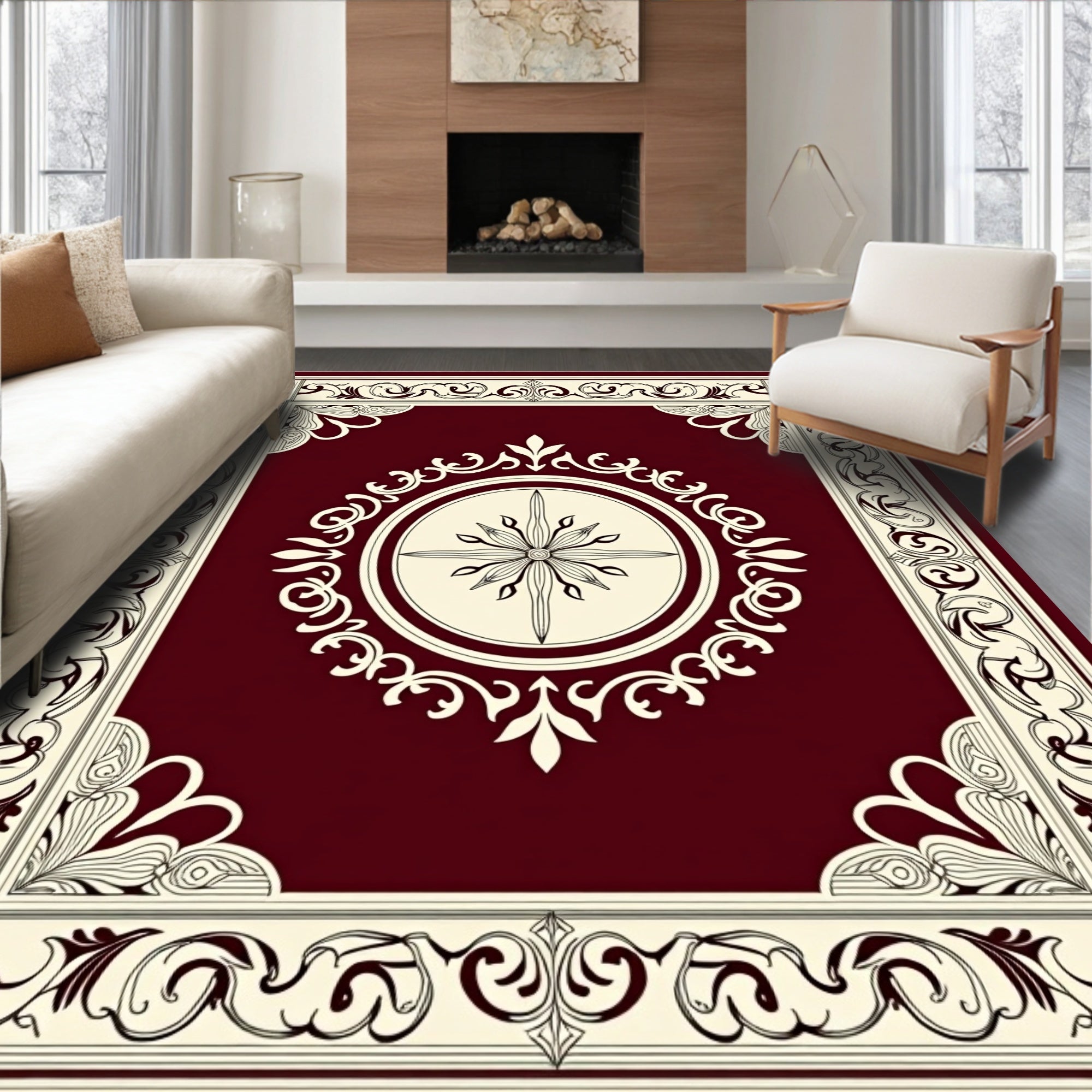 Ornate Floral Scroll Border Design Rug
