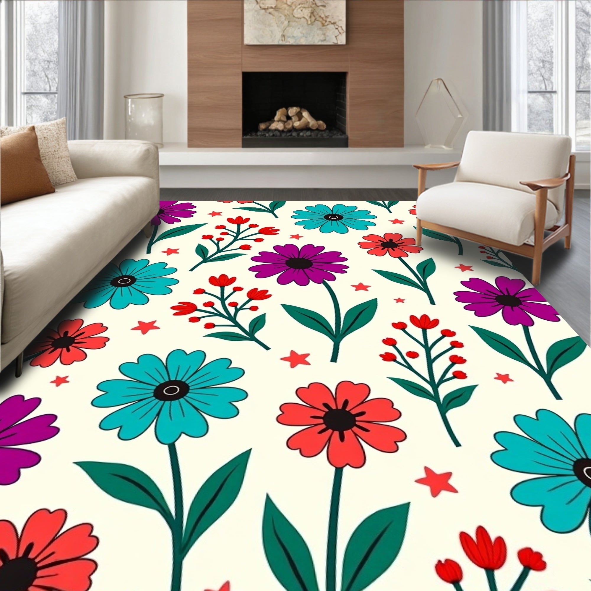 Bold Floral Pattern With Red Accents Rug