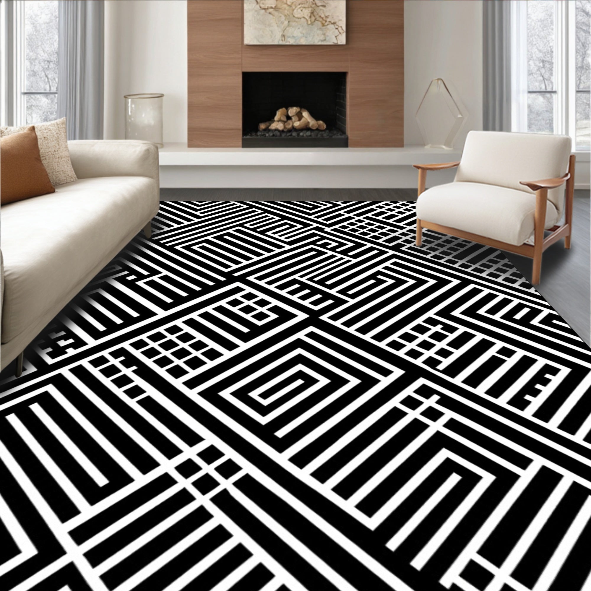 Geometric Maze Black and White Pattern Rug