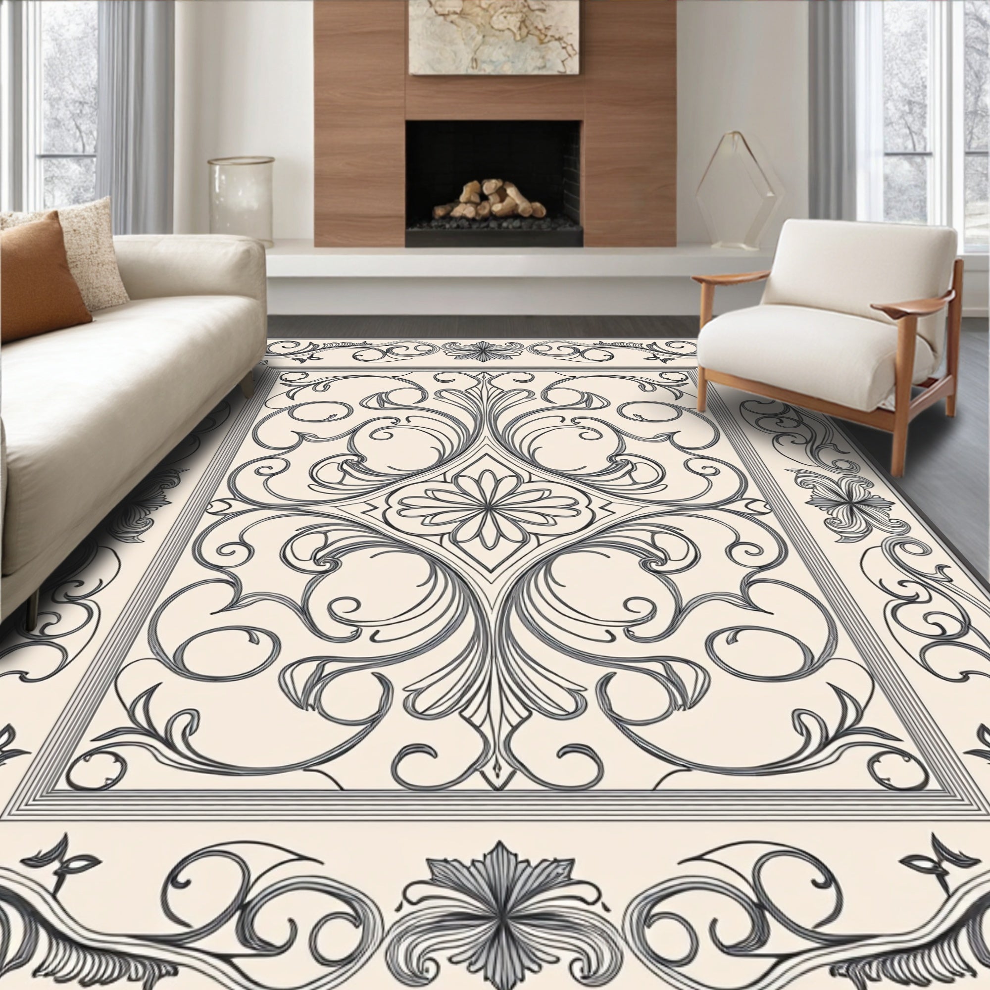 Vintage Scrollwork Floral Square Design Rug
