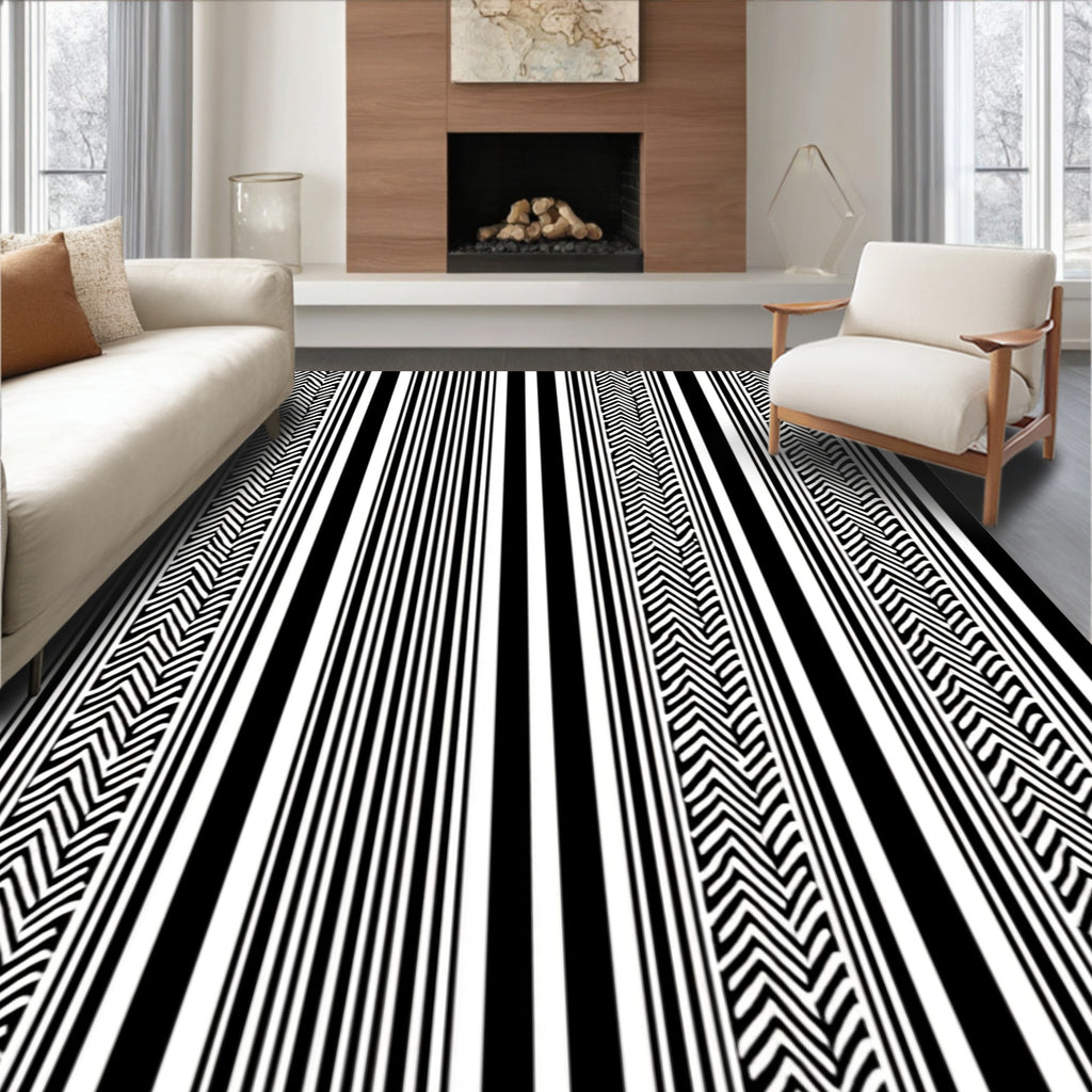 Black White Striped Zigzag Pattern Rug