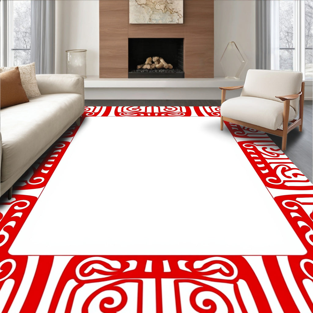 Bold Red Tribal Geometric Border Rug