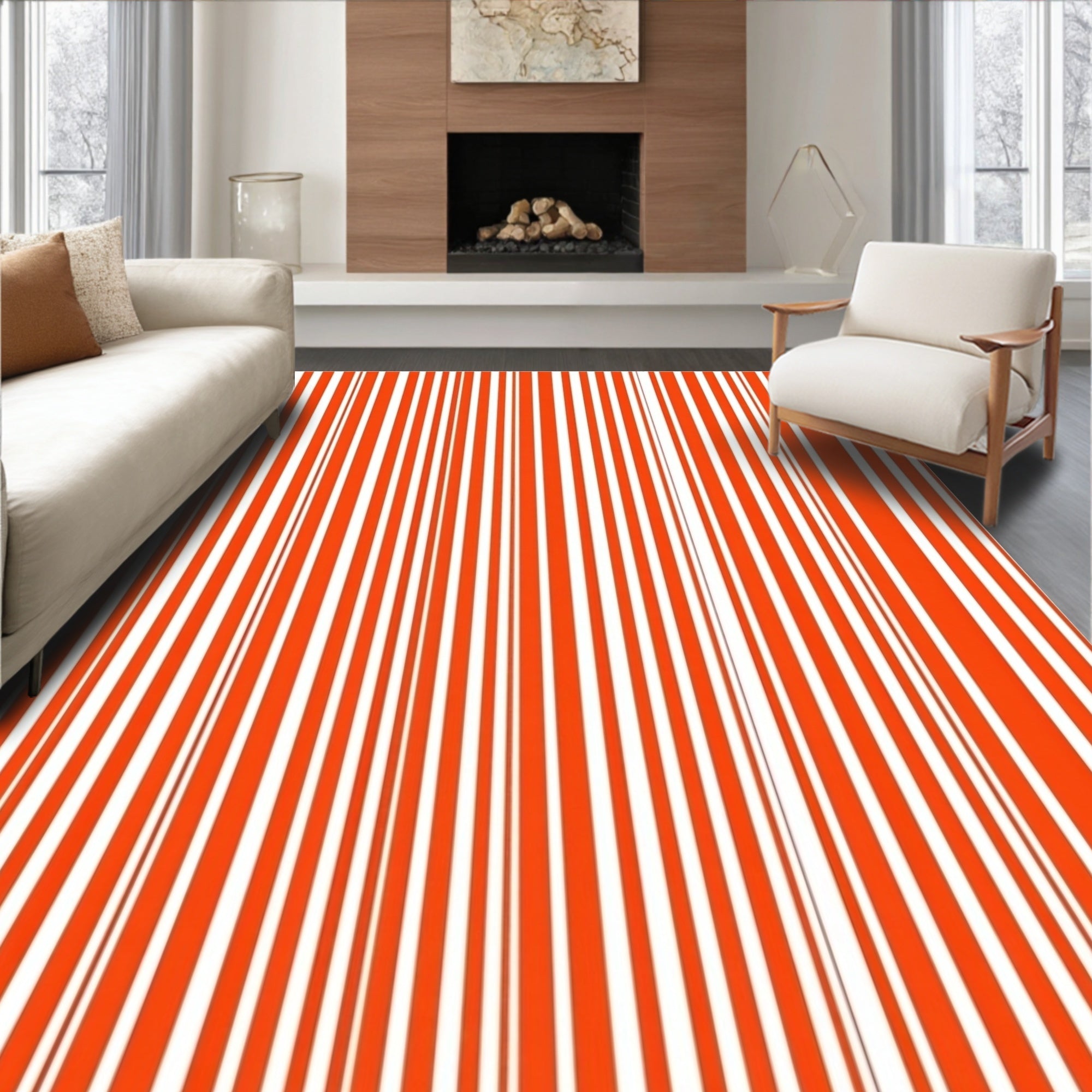 Vibrant Orange White Stripe Pattern Rug