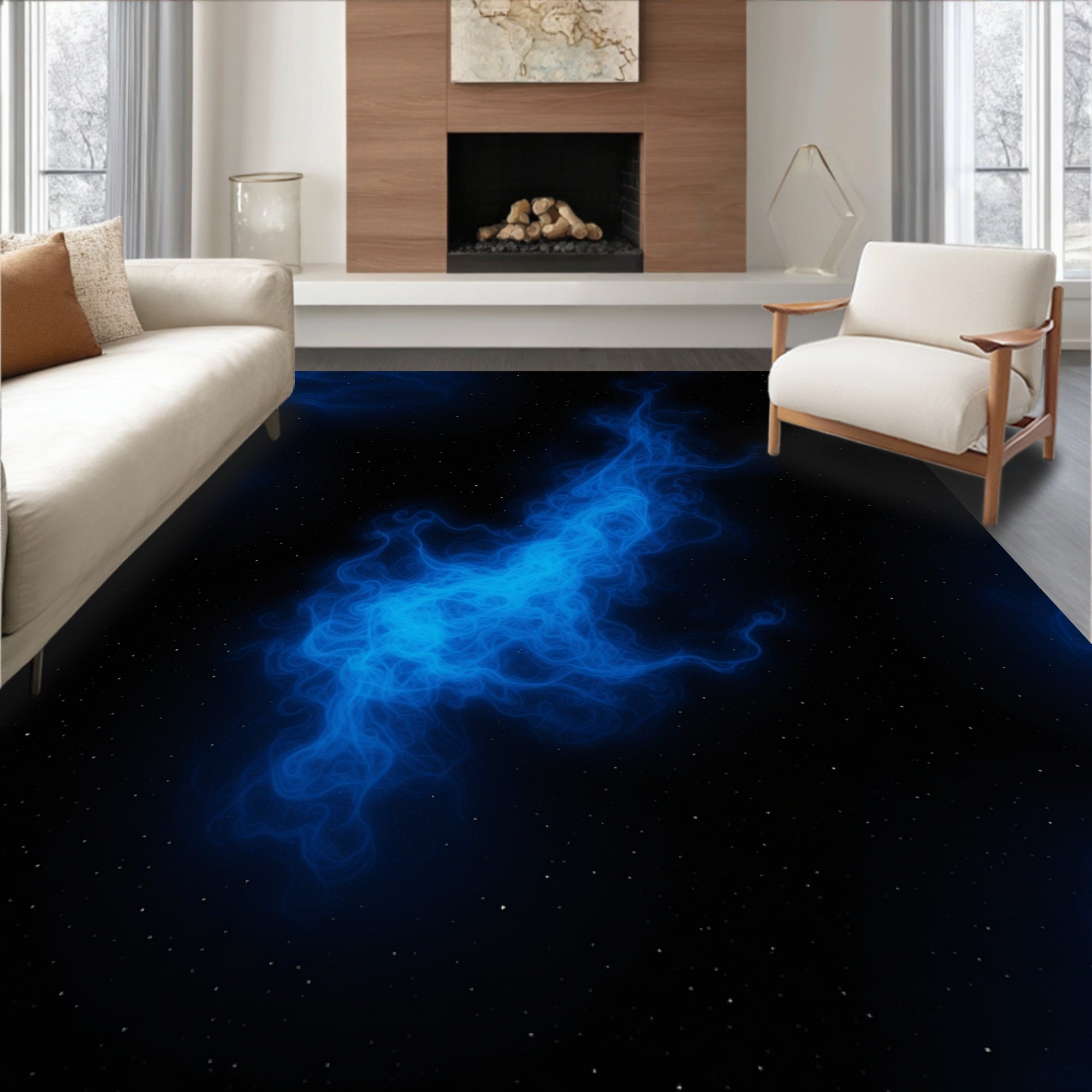 Cosmic Blue Swirls Starry Night Design Rug