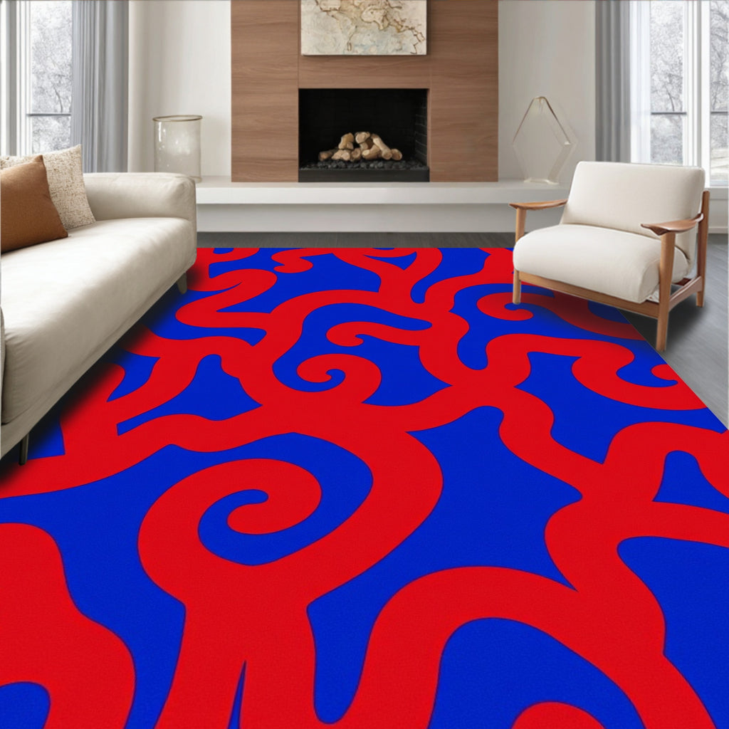 Abstract Red Swirl BluePattern Rug