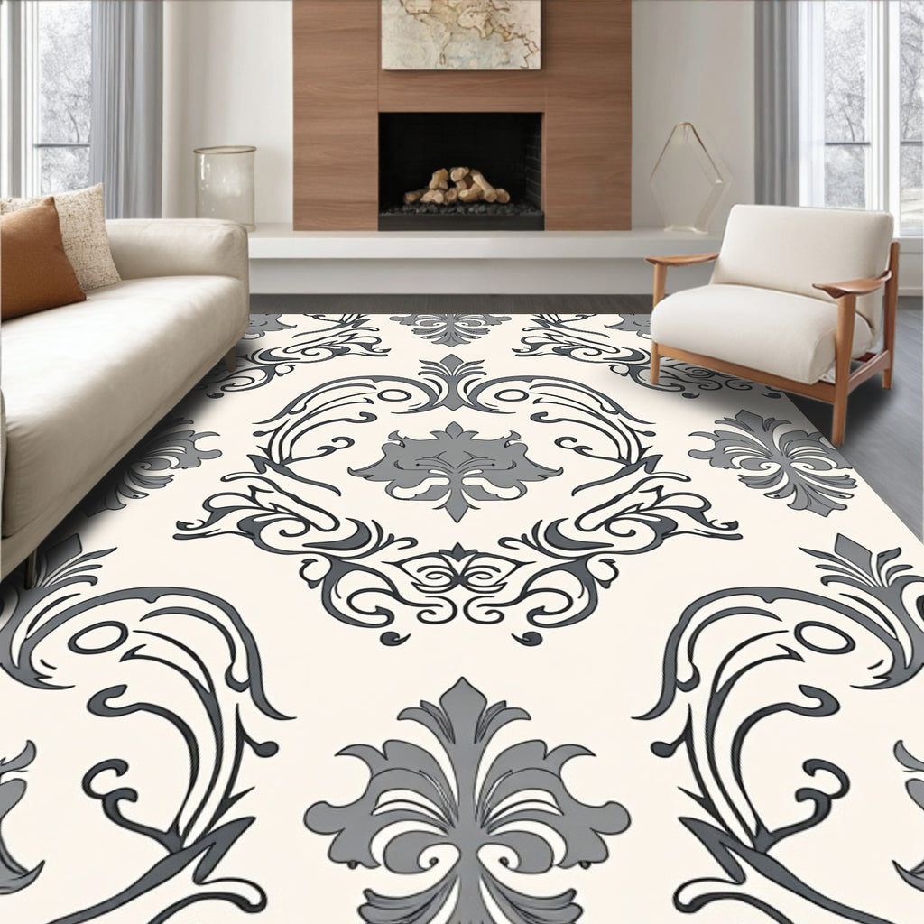 Classic Gray Cream Damask Pattern Rug
