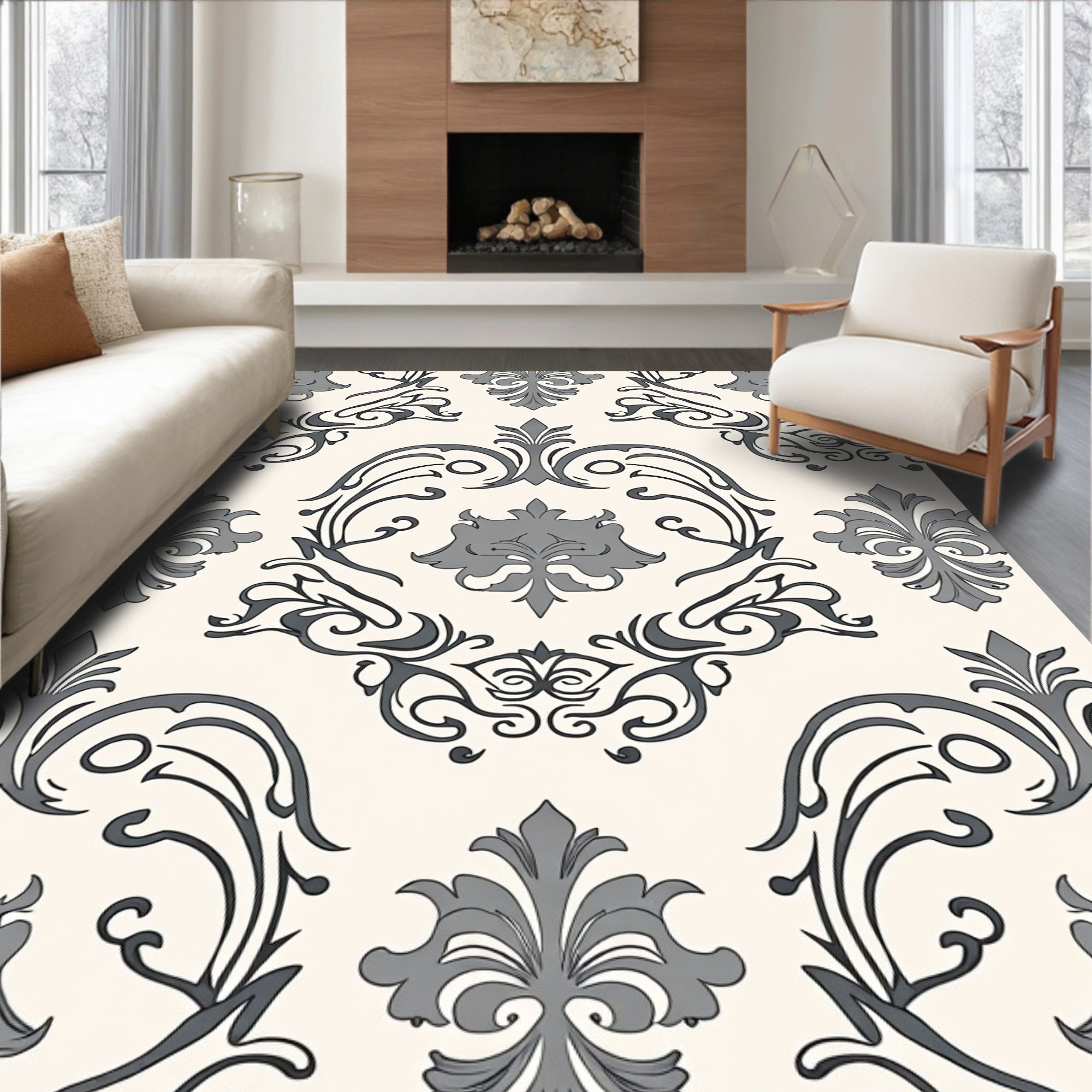 Classic Gray Cream Damask Pattern Rug
