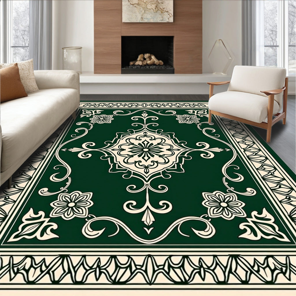 Green Floral Medallion Traditional Framed Rug