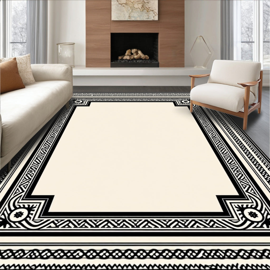 Classic Black White Geometric Border Rug