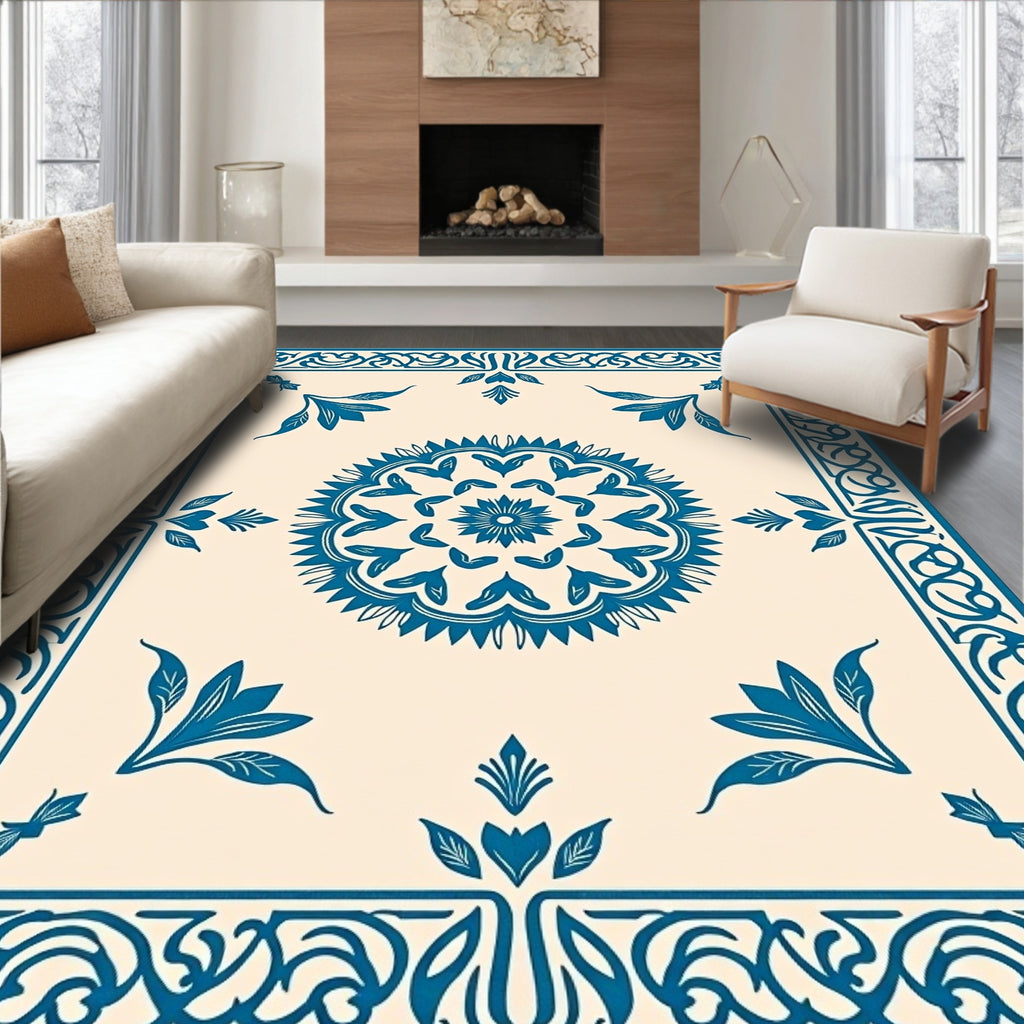 Classic Blue Floral Mandala Pattern Rug