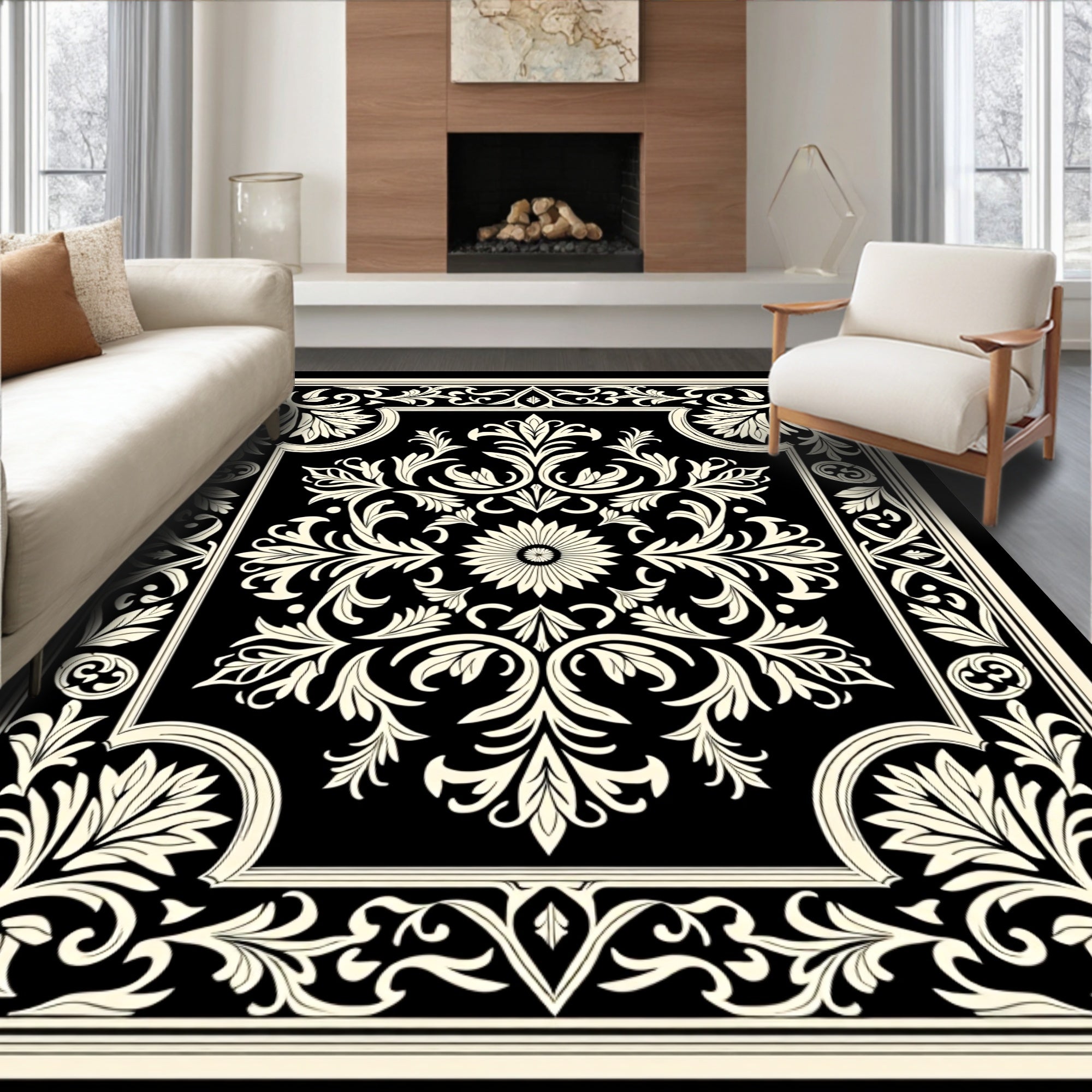 Classic Floral Symmetry On Black Rug