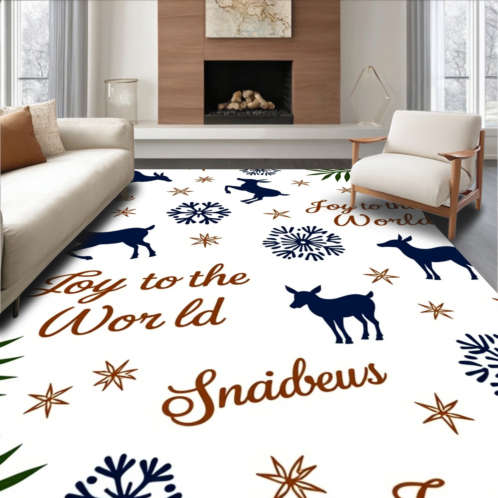 Navy Deer Snowflake Christmas Rug