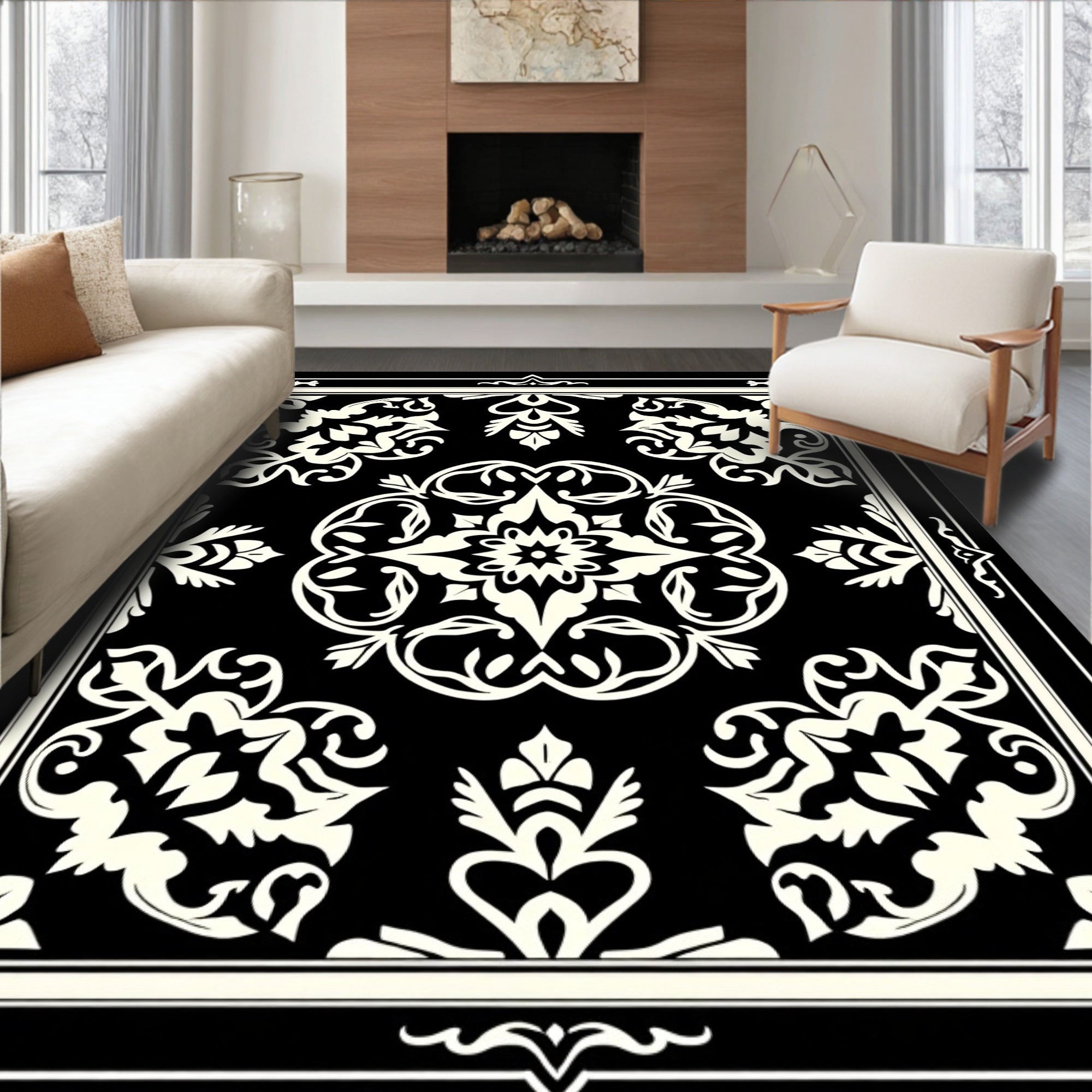 Ornate Black Cream Floral Medallion Rug