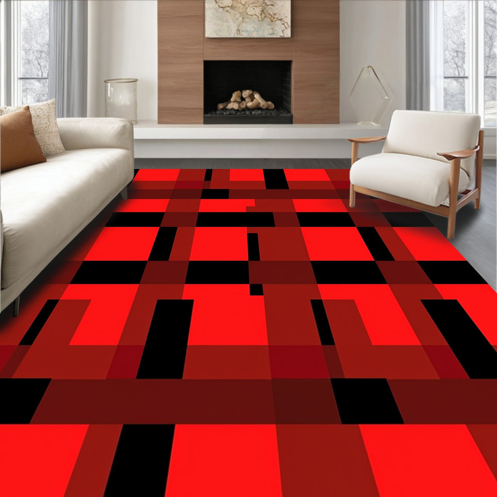 Red Black Abstract Checkered Pattern Rug
