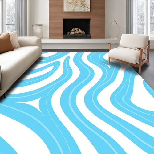 Abstract Blue Wavy Line Pattern Rug