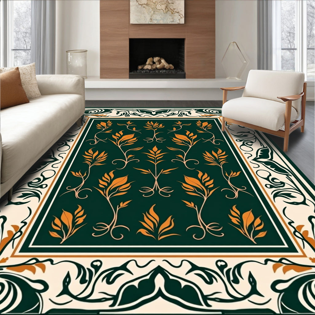 Green Orange Floral Garden Pattern Rug