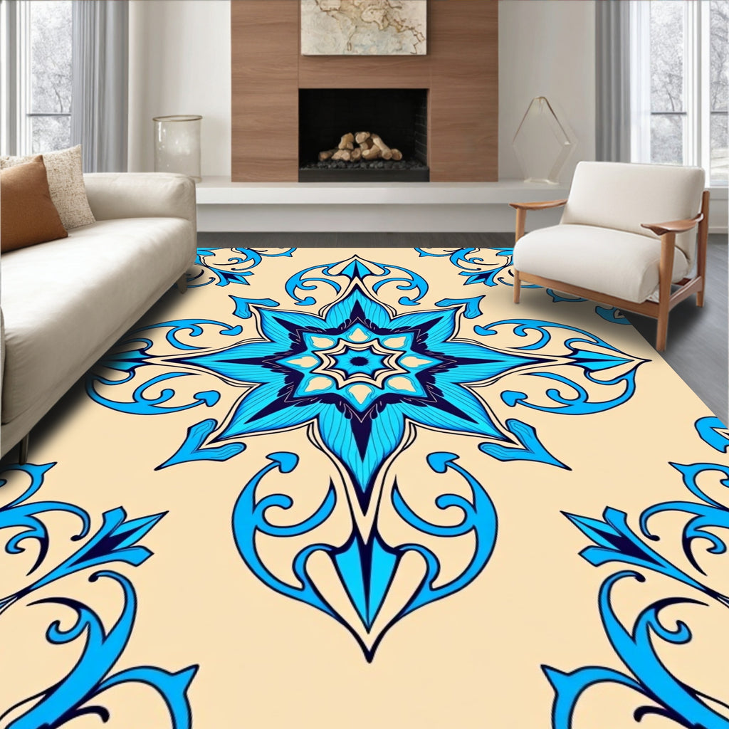Scrolled Floral Medallion Blue Yellow Rug
