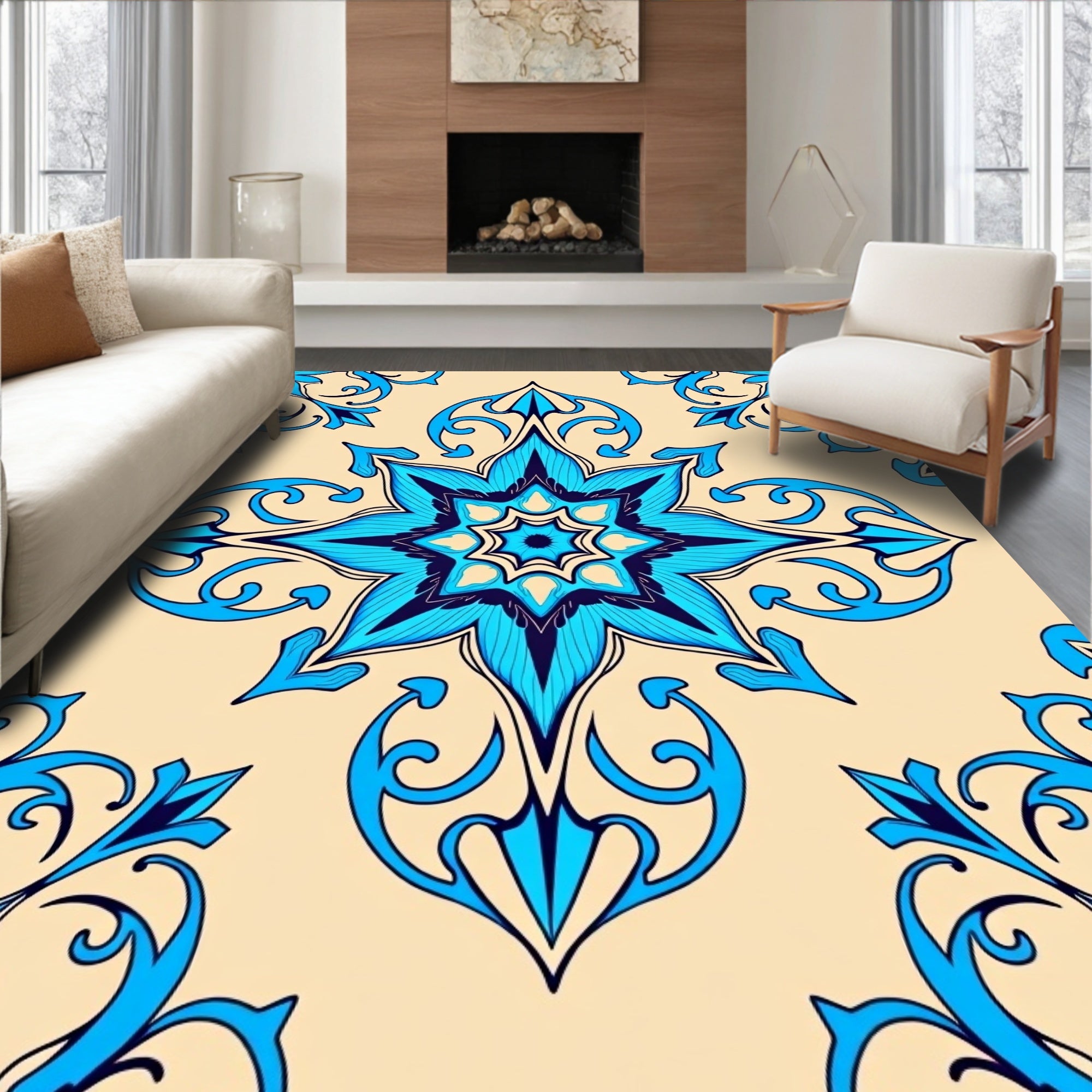 Scrolled Floral Medallion Blue Yellow Rug